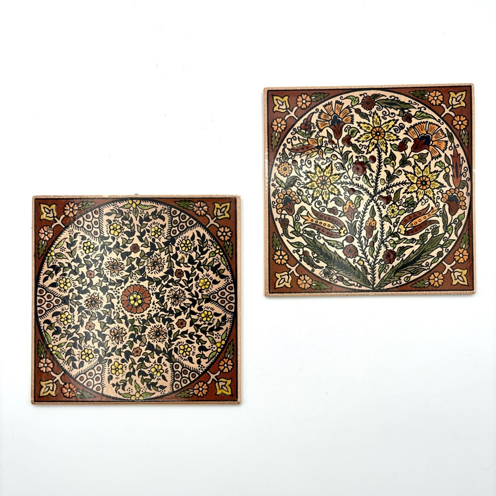 Flower and Leaf Mandela Tile Wall Art - Boho Retro
